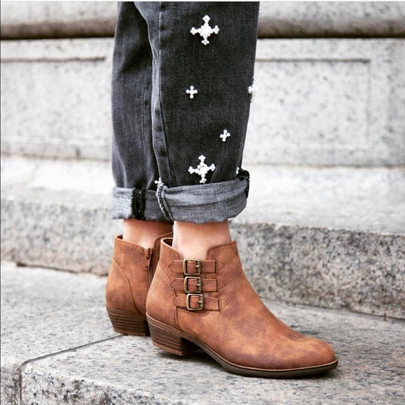 Tan Triple Buckle Detail Casual Ankle Bootie - Picture 3 of 6